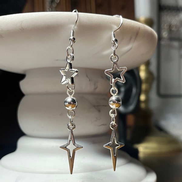 handmade y2k silver star silver ball and sparkly star charms fish hook plated dangle earrings