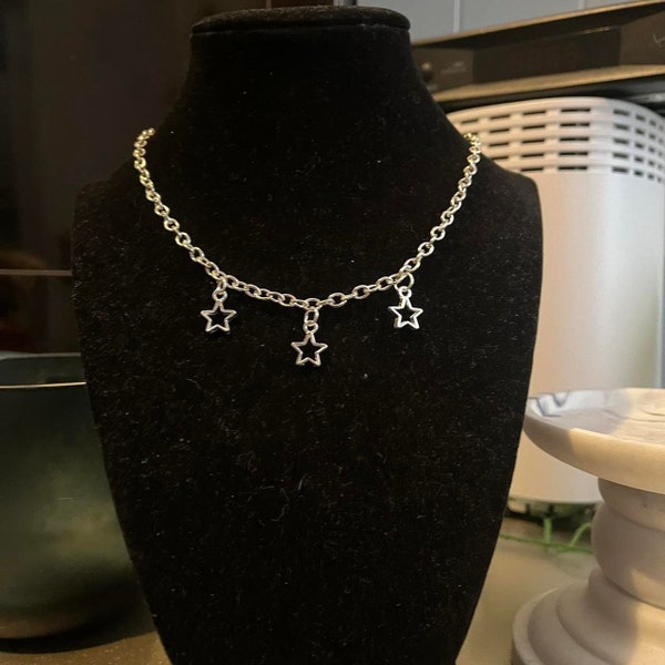 handmade y2k indie silver chain triple star pendant choker necklace