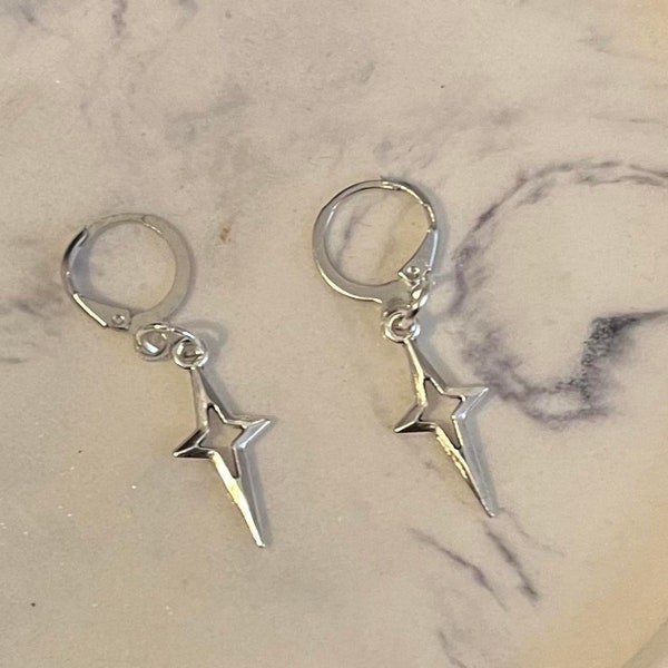handmade whimsigoth mini/small silver sparkling star hoop silver plated earrings