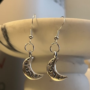 handmade whimsigoth moon with star engravings silver fish hook plated dangle earrings