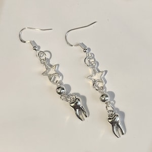 handmade whimsigoth star and tooth/teeth dangle silver fish hook plated dangle earrings