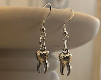 handmade punk indie mini SILVER teeth fishhook dangle earrings