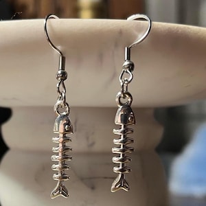 handmade y2k punk thin long fish skeleton charms fish hook plated dangle earrings