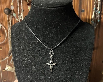 Handmade Whimsigoth Star Pendant Necklace: Silver Swirl, Black Cord