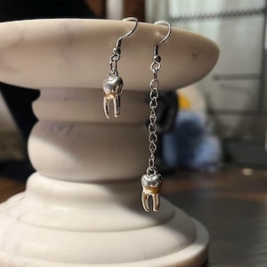 handmade y2k whimsigoth asymmetrical and chain and mini tooth charms fish hook dangle earrings