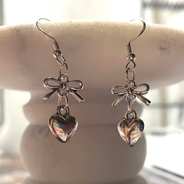handmade coquette indie miniature silver bow charm and heart fish hook plated dangle earrings