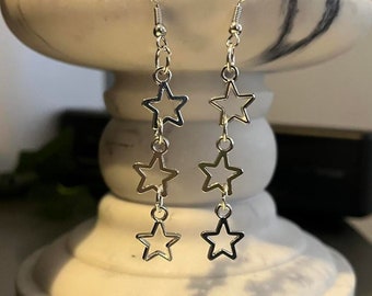 handmade y2k silver chain triple star fish hook plated dangle earrings