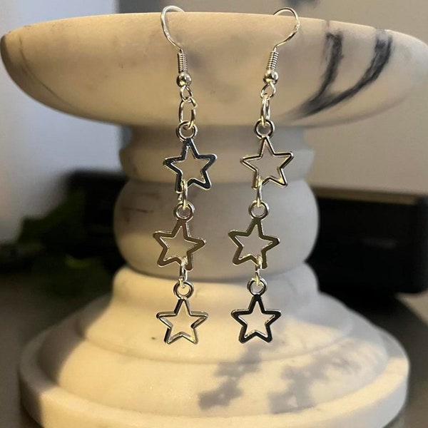 handmade y2k silver chain triple star fish hook plated dangle earrings
