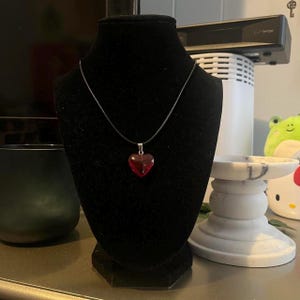 handmade whimsigoth indie black cord necklace with red glass small heart pendant