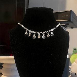 handmade whimsigoth indie tiny silver star and spiral swirl charm necklace