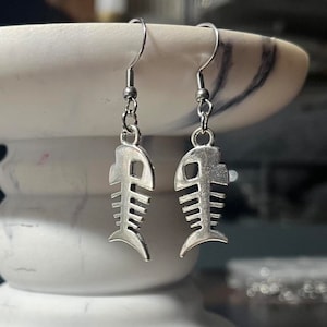 handmade y2k punk silver large fish skeleton fish hook dangle earrings