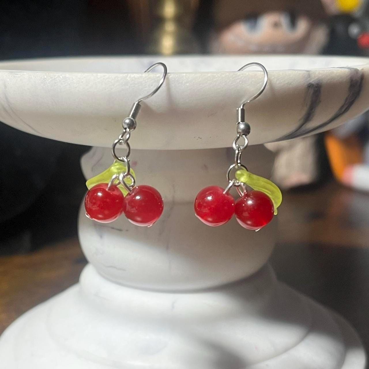 handmade y2k fruit earrings cherry cherries leaf mini cute summer fish hook dangle earrings