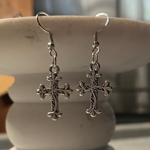 handmade gothic vine mini cross charm silver plated fish hook plated dangle earrings