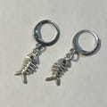 Handmade Miniature Y2K Punk Fish Skeleton Earrings: Silver Plated Charm Stainless Steel Huggie Hoops