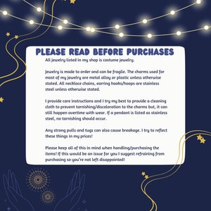 May include: A navy blue background with gold string lights and stars. A white oval-shaped text box contains the text "PLEASE READ BEFORE PURCHASES" and other text about costume jewelry, care instructions, and breakage.