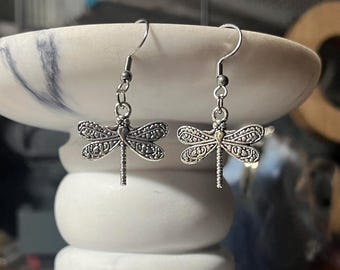 Handmade Y2K: Silver Dragonfly - Fish Hook Dangle Earrings