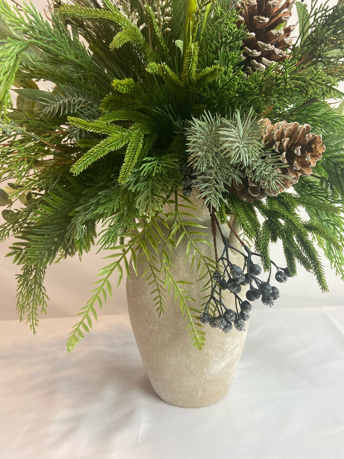Tall Winter Natural Greenery Pinecone Berry Vase Arrangement Centerpiece, Tall Vase Winter