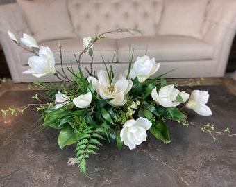 Elegant White Magnolia Arrangement Centerpiece, Year Around Natural Magnolia Floral and Greenery Centerpiece, Magnolia Blooms and Leaves