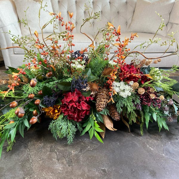 Burgundy Hydrangea Fall Centerpiece: Pinecone & Berry Arrangement