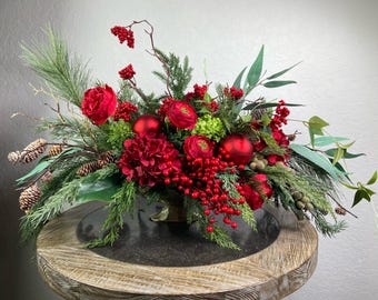 Holiday Centerpiece: Red Florals Berries Ornaments and Greenery, Christmas Floral Arrangement, Large Elegant Holiday Centerpiece Arrangement
