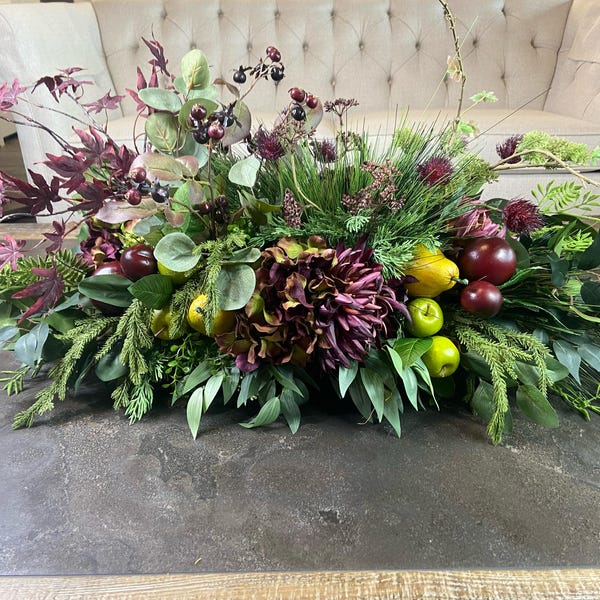 Purple Hydrangea Fall Centerpiece: Maple Leaf, Plum & Pear Arrangement