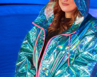 Turquoise Iridescent Plus Size Rain Jacket