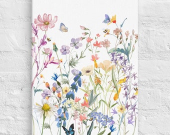 May include: A watercolor painting of a bouquet of wildflowers in shades of pink, blue, yellow, and white. The flowers are arranged in a loose, natural style, and there are several butterflies flying around them.
