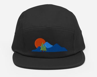 Mountain Sunset Embroidered Five Panel Cap | Camper Style Hat | Unisex Outdoorsy Low Profile Headgear