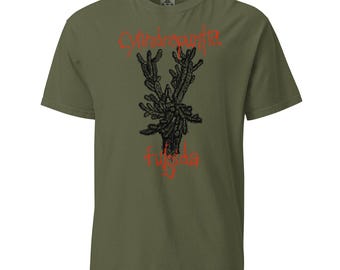 May include: Olive green t-shirt with a black cactus graphic and red text that reads "Cylindropuntia fugida". The short-sleeved shirt is made of a soft, comfortable material.