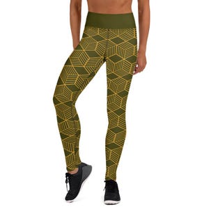 Yoga Leggings | Dark Olive Cubes Design | High-Performance Workout Pants for Comfort & Flexibility