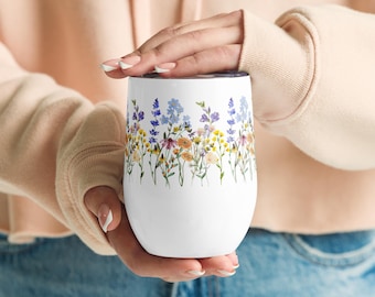 Watercolor Wildflowers | Botanical Floral Wine Tumbler | Gift for Gardeners and Nature Lovers | Cottagecore Aesthetic