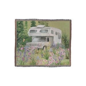 Watercolor Dolphin Camper Blanket | Vintage Camper Truck with Wildflowers | Boho Travel Blanket | Retro RV Decor | Nature-Inspired Throw