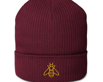 Honeybee Beanie | Organic Ribbed Winter Hat | Embroidered Honeybee Design | Save the Bees Accessories