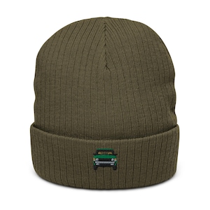 May include: A green and black car graphic is embroidered on a dark green knitted beanie.
