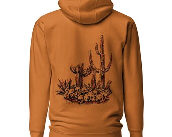 Skull Design and Saguaros Pullover Fleece Hoodie | Desert Cactus Graphic | Pouch Pocket & Drawstrings