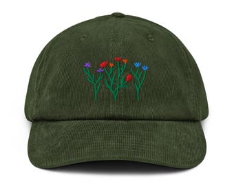 Wildflowers Corduroy Hat | Adjustable Baseball Cap with Embroidered Floral Design