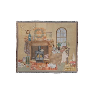 Cabincore Woven Blanket | Cozy Cottage Fireplace Scene | Rustic Cottagecore Decor Gift