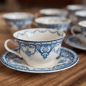 May include: A set of white teacups and saucers with blue floral patterns. The teacups have a curved handle and sit on matching saucers. The blue design decorates the rim and the body of the teacups and saucers. The teacups and saucers are on a wooden surface.