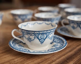 Zestaw 8 filiżanek i spodków do herbaty Vintage Swinnertons Kent Blue, Staffordshire, Anglia