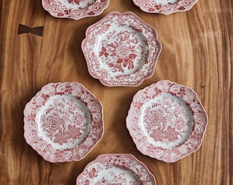 Niedopasowany zestaw 6 talerzy Spode Archive Collection - Różowa żurawina, nadruk transferowy - Brytyjskie kwiaty i wzory jaśminu - Wyprodukowano w Anglii