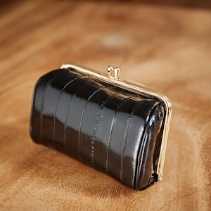 Bolso de mano de noche Puffy Black Purse, bolso de mano ancho con espejo, billetera de cuero dorado, elegante y lujoso bolso