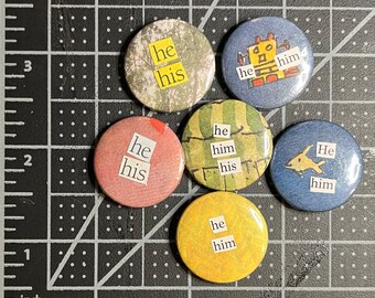 he/him 25mm collage pronoun pins