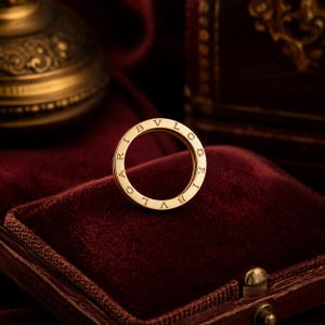 May include: A gold band ring featuring the engraved text BVLGARI along the outer surface. The ring has a smooth, polished finish and a circular shape, presented as a single piece of jewelry with clear, capital letter inscriptions.
