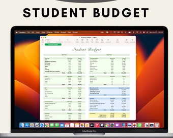 May include: A screenshot of a spreadsheet on a laptop computer showing a student budget. The spreadsheet is divided into two sections: expenses and income. The expenses section includes categories such as housing, transportation, food, and entertainment. The income section includes categories such as work income, family donations, and savings. The spreadsheet is titled "Student Budget".