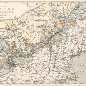 May include: Antique map of Canada, Ontario & Quebec, with detailed geographical features. The map features a beige background with brown and blue shaded areas, and the text "MAP OF CANADA, ONTARIO & QUEBEC" at the top.