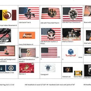May include: A grid of images showing different flag designs. The flags are mostly American flags with various designs and images, including wolves, eagles, and Native American imagery. The text "Every Child Matters" is featured on one of the flags. The flags are available in various sizes and materials, including wall flags, handheld flags on wood, and handheld flags made of cloth.