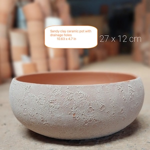 May include: A sandy clay ceramic pot with drainage holes. The pot measures 27 x 12 cm and has a textured, off-white exterior and a reddish-brown interior. The pot is a rounded, shallow bowl shape, suitable for plants.