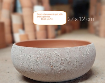 Shallow Sandy Clay pot with drainage hole, bonsai pot, Succulent plant pots, cactus planting pot Pottery for healthy plant Made in Vietnam