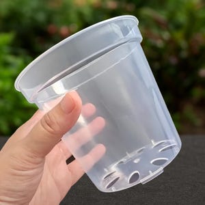 Peut inclure: Un pot de plante en plastique transparent avec des trous de drainage. Le pot est tenu par une main et a un bord légèrement évasé. Le pot est conçu pour planter des fleurs, des herbes ou d'autres petites plantes.