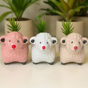 May include: Three ceramic sheep planters in pink, white, and beige, each with a green plant sprouting from the top. The sheep have black ears, eyes, and feet, and a red nose. The planters are arranged in a row.